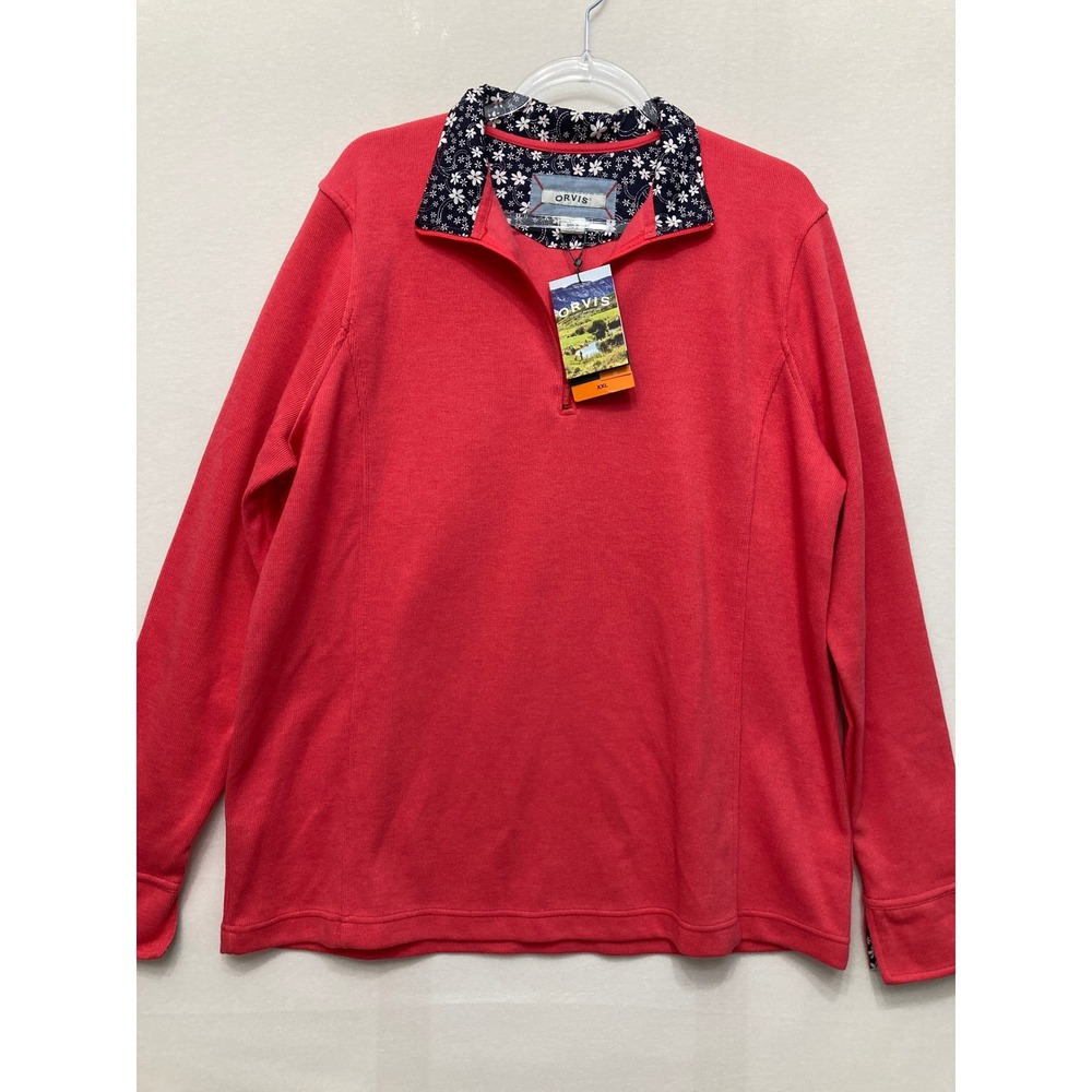 NWT Orvis Womens XXL Coral Red 1/4 Quarter Zip Pullover Sweatshirt Floral Collar